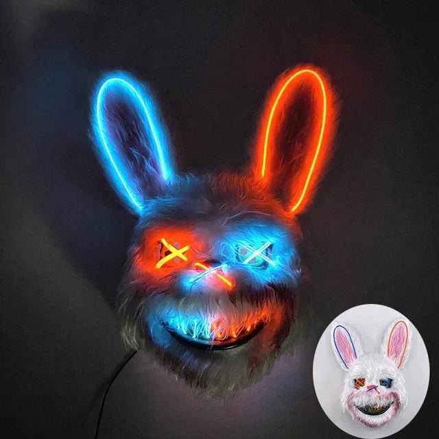 Detail einer leuchtenden LED-Maske mit EL-Beleuchtung, ideal für Kostüme, Partys und futuristische Events.