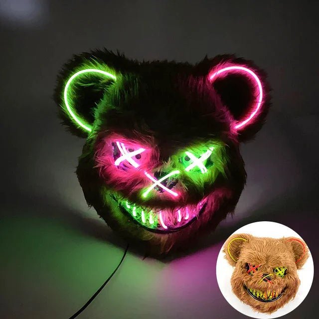 Detailansicht der futuristischen LED-Maske mit EL-Draht in leuchtendem Neon-Blau; Party-Accessoire.