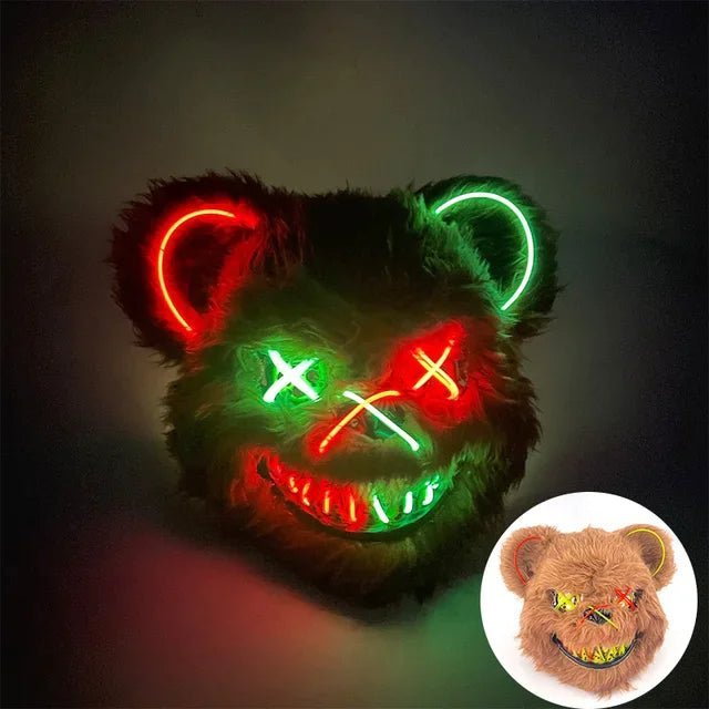 Nahaufnahme einer leuchtenden LED-Maske für Party und Halloween; gruselige Purge-Maske als Kostüm.