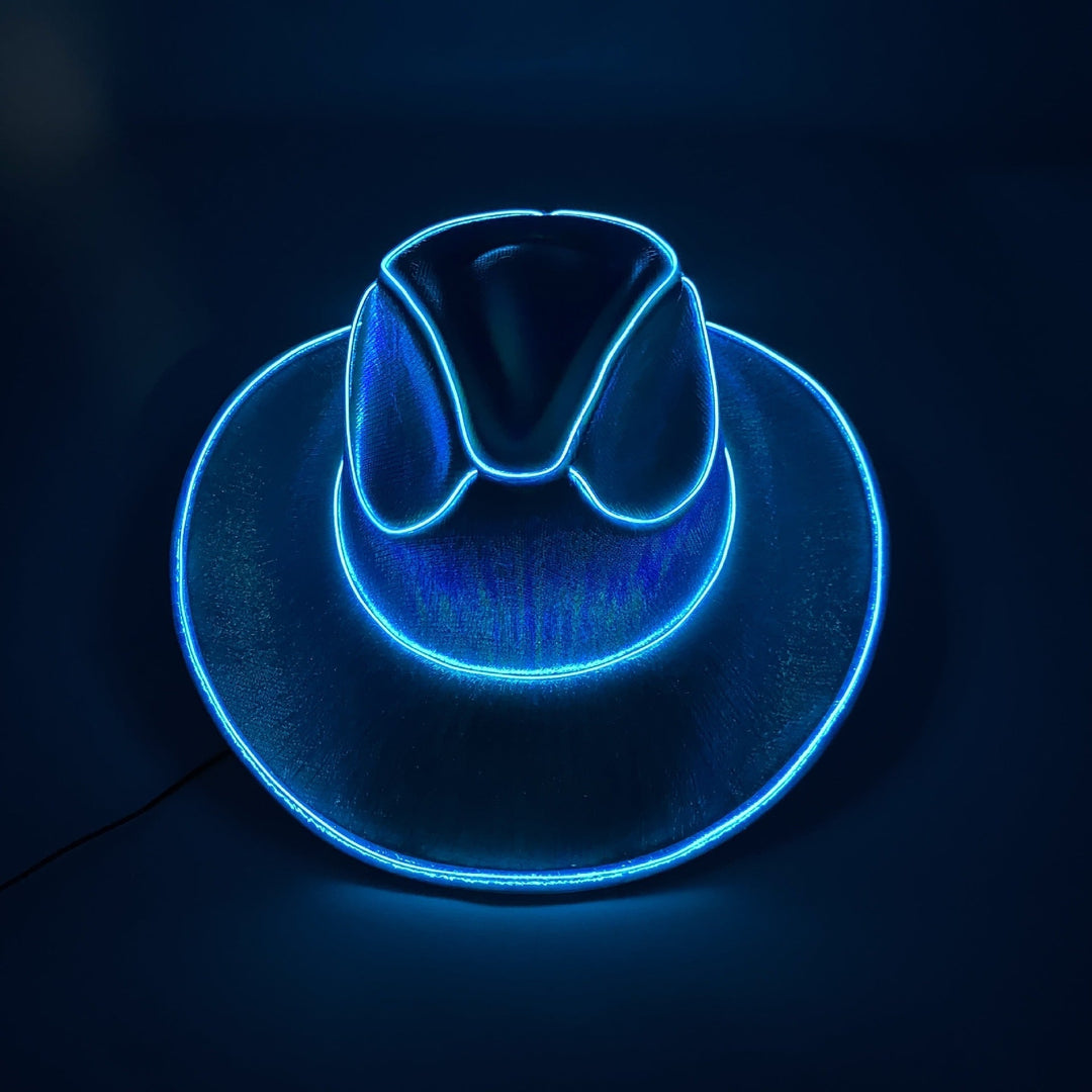 Dynamischer LED-Cowboyhut, auffälliger Partyhut und Kostüm Accessoire mit Neon-Leuchten.