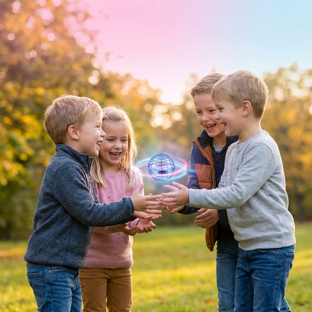 Interaktives fliegendes LED Spielzeug, schwebender Ball in Aktion, ideal für drinnen und draußen.