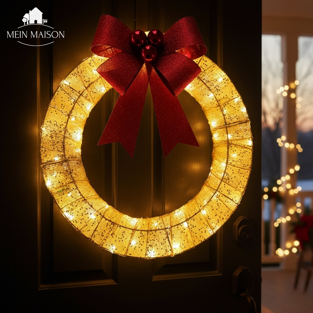 Leuchtender Weihnachtskranz mit LED, goldgelbem Glanz & grünen Zweigen für festliche Innen- und Außendeko.