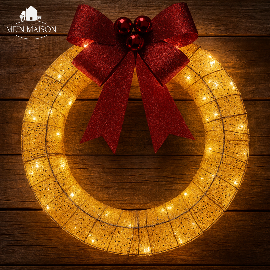 Robuster, wetterfester LED-Weihnachtskranz, grün-goldgelb leuchtend, für langlebige Außendeko zu Weihnachten.