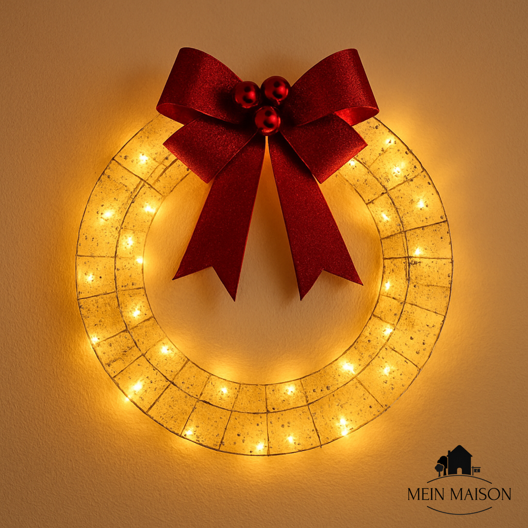 Stimmungsvoller LED-Weihnachtskranz, goldgelb leuchtend, perfekt für eine festliche Atmosphäre an Weihnachten.