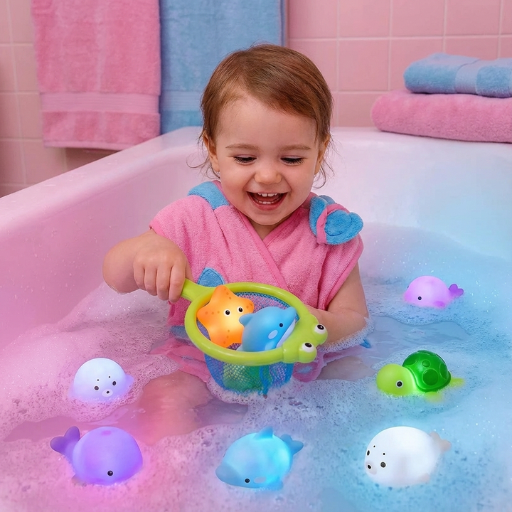 Leuchtendes Badespielzeug in Form von Meerestieren für magische Momente beim Baden. Ideal für Kinder.