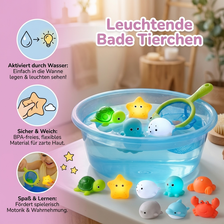 Set aus leuchtenden Meerestieren als Badespielzeug, z.B. Seestern, Fisch, Oktopus. Perfekt für die Badezeit.