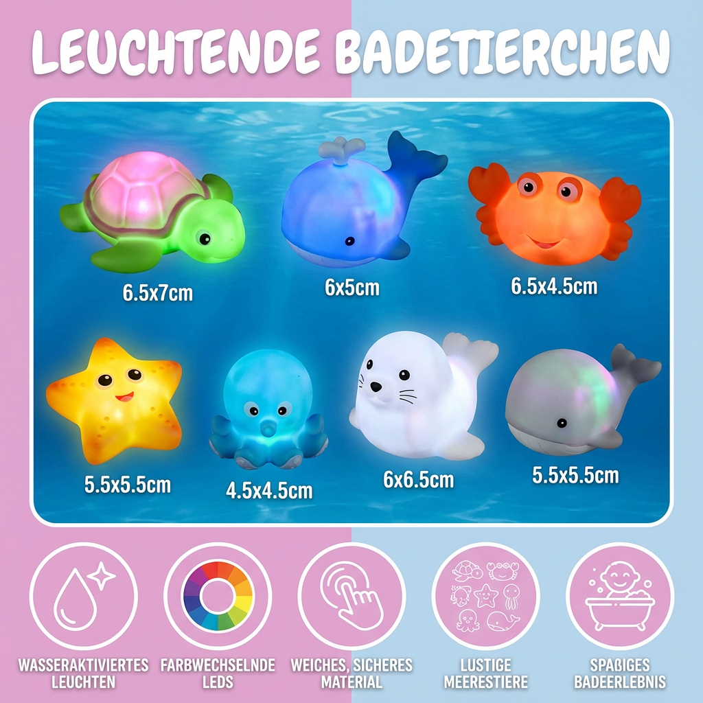 Vielfältiges Set leuchtender Meerestier-Badespielzeuge in bunten Farben. Fördert Spiel und Kreativität beim Baden.