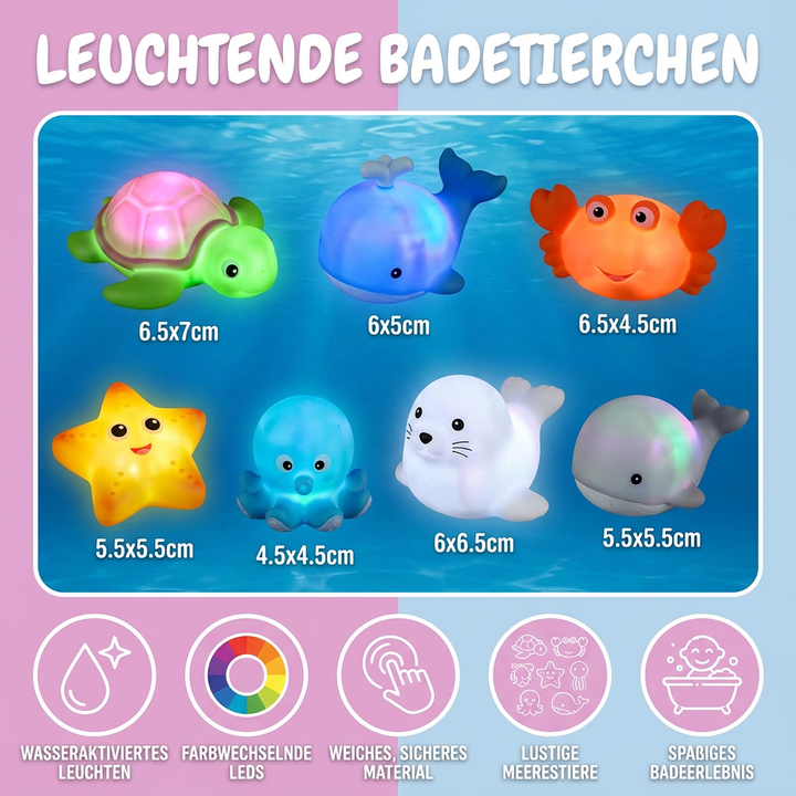 Vielfältiges Set leuchtender Meerestier-Badespielzeuge in bunten Farben. Fördert Spiel und Kreativität beim Baden.