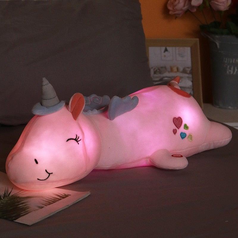Leuchtendes Einhorn-Plüschtier 60cm mit Farbwechsel-LED. Weiches Kuscheltier als Nachtlicht für Kinderzimmer.