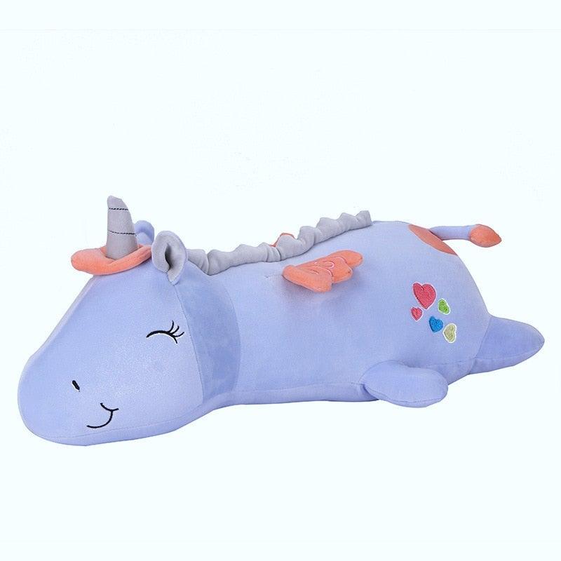 Weiches Einhorn Plüschtier mit integrierten Regenbogen-LEDs, dient als beruhigendes Nachtlicht für Babys.