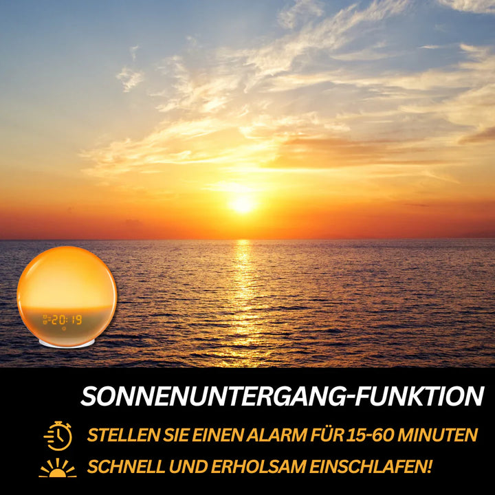 Eleganter Lichtwecker, weiß mit LED-Anzeige, Naturklängen und Sonnenaufgangssimulation für Ihr Wohlbefinden.