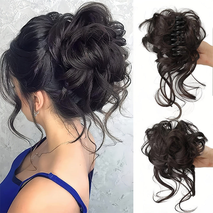 Haarknoten-Kopfstück, lockig & voluminös, perfekt für schnelle, elegante Damenfrisuren.