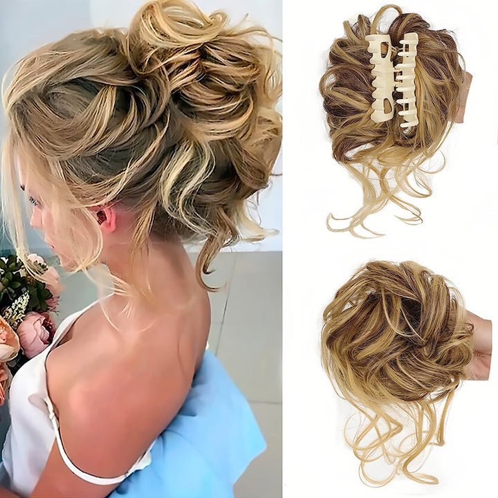 Dutt Haarteil aus lockigem Kunsthaar, ideal für voluminöse, schnelle Damenfrisuren.