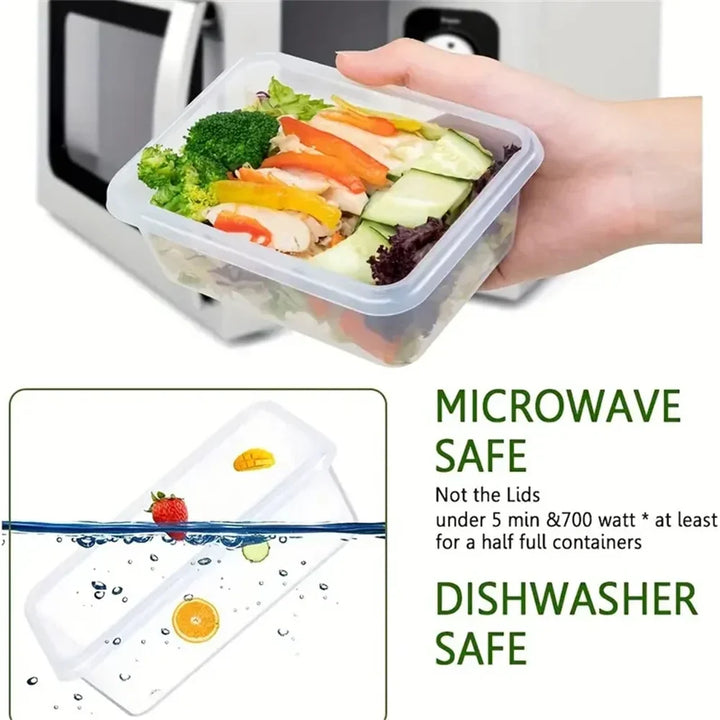 Transparente Frischhalteboxen für Meal Prep und die Organisation von Lebensmitteln in Kühlschrank und Speisekammer.