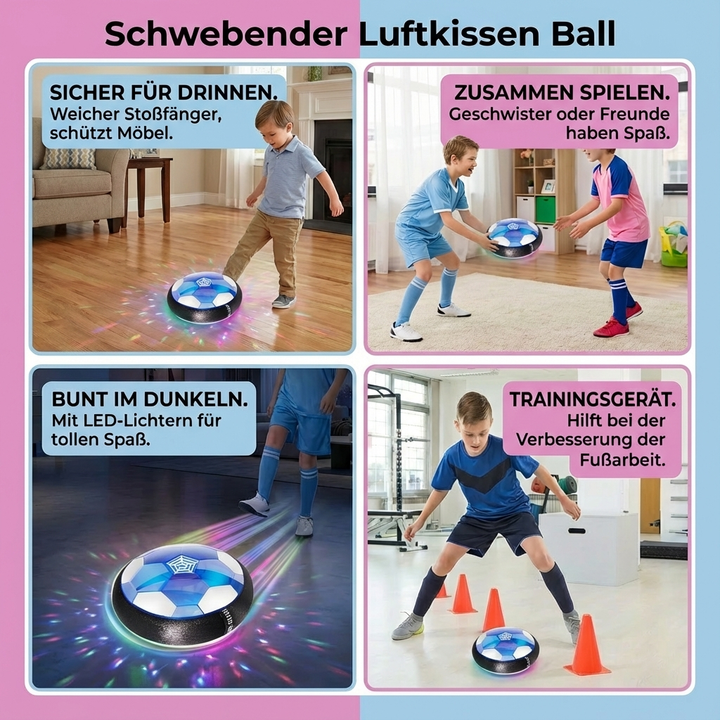 Sicherer Indoor-Fußball für Kinder, der auf einem Luftkissen gleitet und mit bunten LEDs leuchtet.