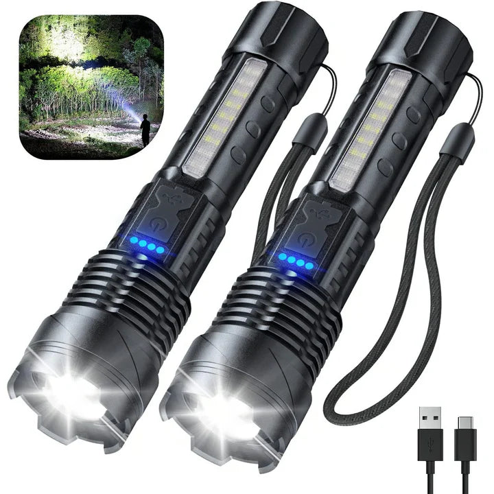 LumaShield LED Taschenlampe, wiederaufladbar, kompakt für Outdoor, Camping & Notfall. Spritzwassergeschützt & stark.