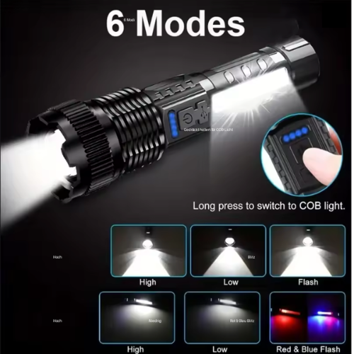 Leistungsstarke LumaShield LED Handlampe aus Aluminium, spritzwassergeschützt. Perfekt für Sicherheit & Abenteuer.