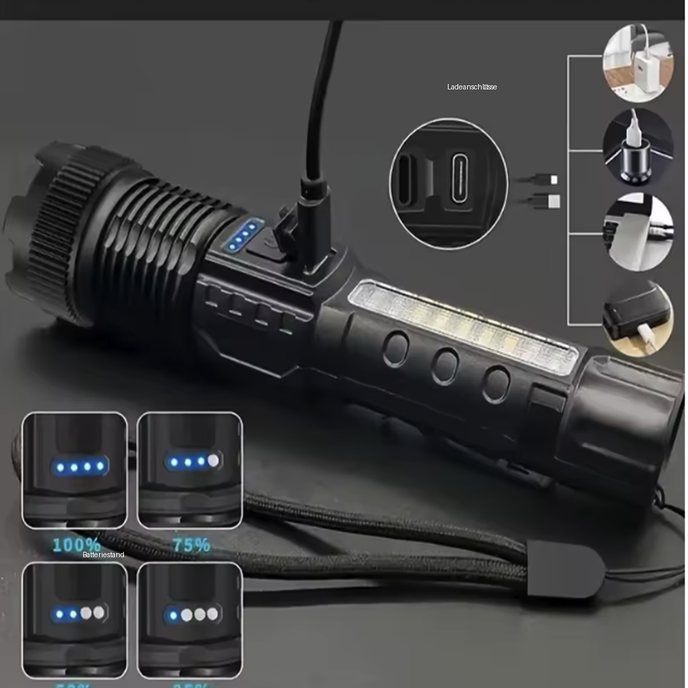 Kompakte LumaShield LED Taschenlampe, multifunktional & wiederaufladbar. Ihr starker Begleiter für jedes Outdoor-Erlebnis.