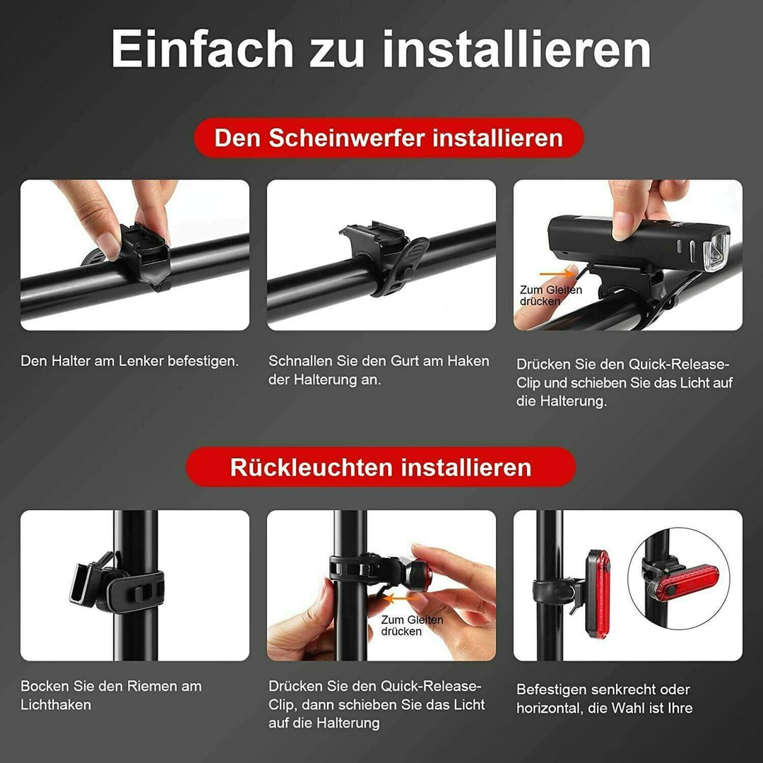 Modernes LumenGuard™ LED-Fahrradlicht-Set, USB-aufladbar & sehr hell für sichere Fahrten bei Tag und Nacht.