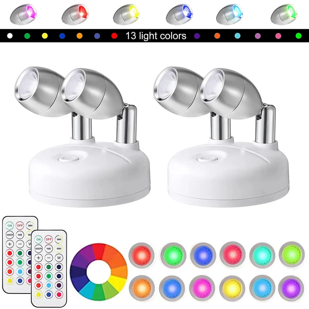 LumiFlex RGB LED Spotlights (2er Set), kabellos, mit Fernbedienung & Timer; perfekt als flexible Akzent-Wandleuchte.
