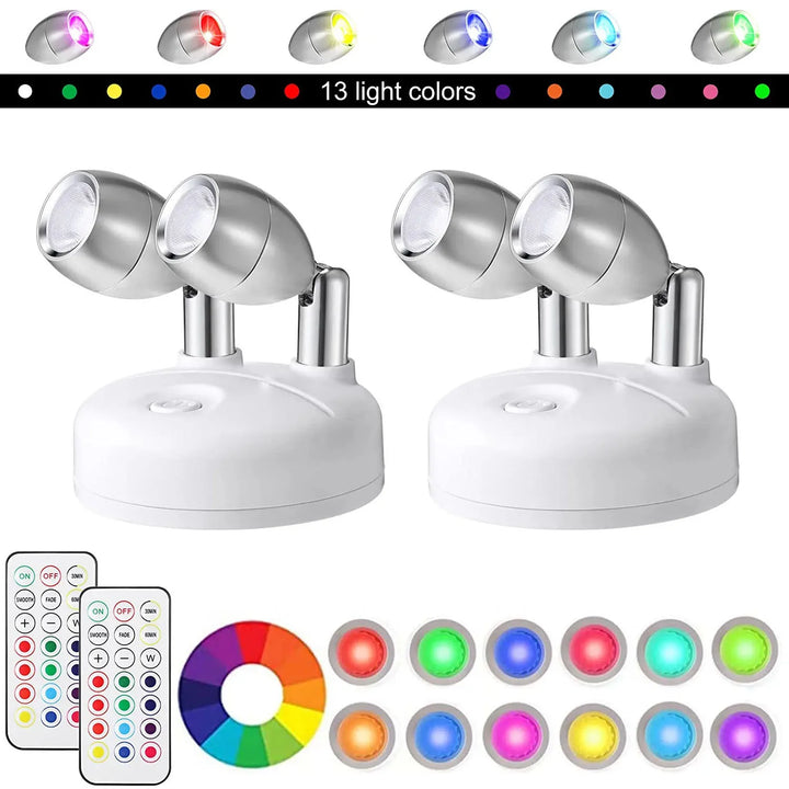 LumiFlex RGB LED Spotlights (2er Set), kabellos, mit Fernbedienung & Timer; perfekt als flexible Akzent-Wandleuchte.