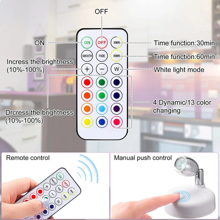 LumiFlex RGB LED Spotlights (2er Set) mit Fernbedienung, Farbwechsel & Timer für vielseitige Akzent-Innenbeleuchtung.