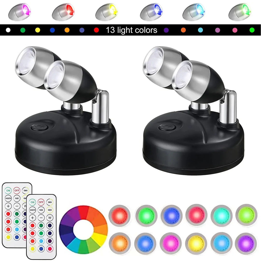 LumiFlex LED Akzentlicht, 2er Set kabellos, mit RGB Farbwechsel und Fernbedienung für stimmungsvolle Innenräume.
