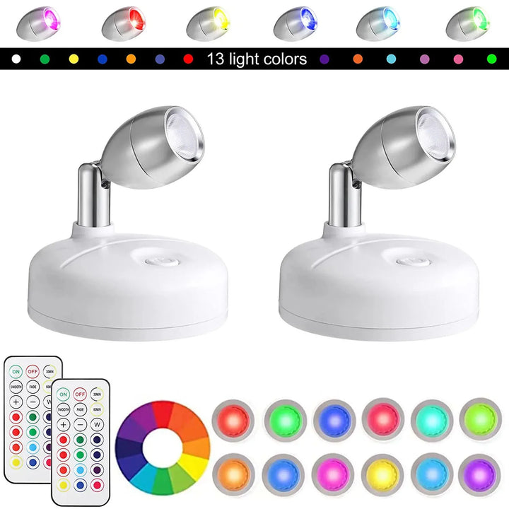 LumiFlex kabellose Spotlights (2er Set) mit Fernbedienung für RGB Farbwechsel, Timer; drehbar als Schranklicht.