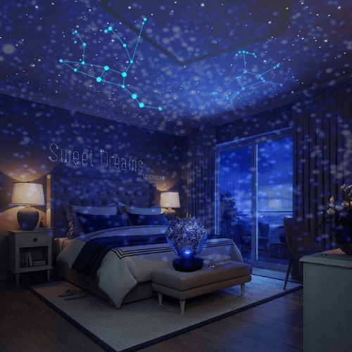 LUMISPHERE Galaxy Projektor zeigt einen traumhaften Sternenhimmel mit LED-Lichteffekten für entspannendes Ambiente.
