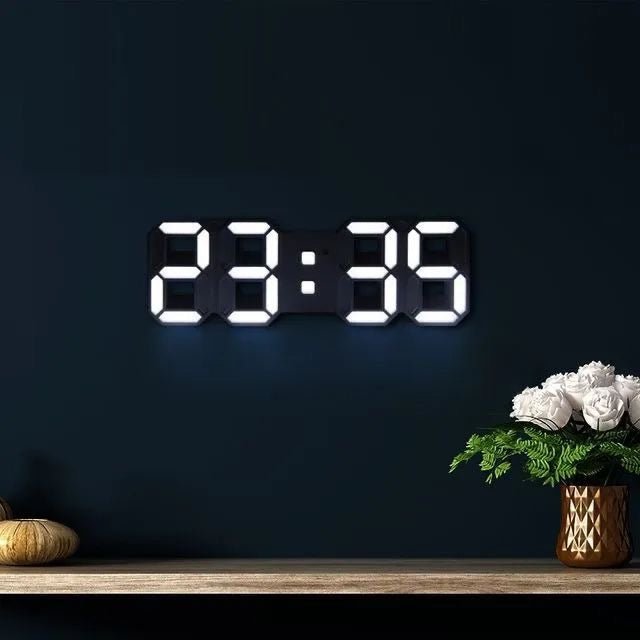 Schwarze dimmbare LED-Wanduhr, LumiSync 3D Digitaluhr für stilvolles Büro.