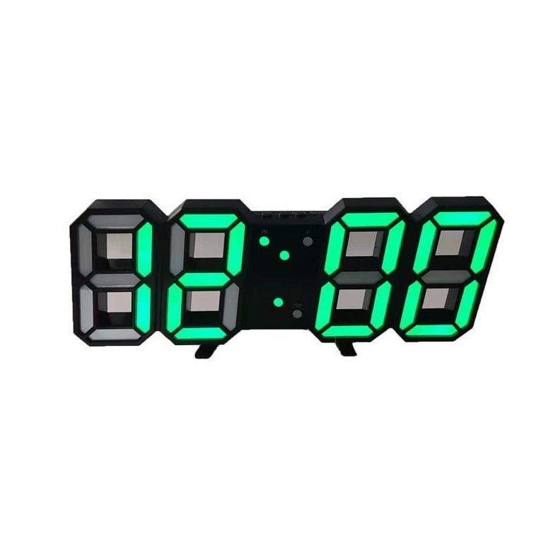 Grüne LumiSync 3D LED-Uhr, moderne Digitaluhr als Blickfang im Wohnzimmer.