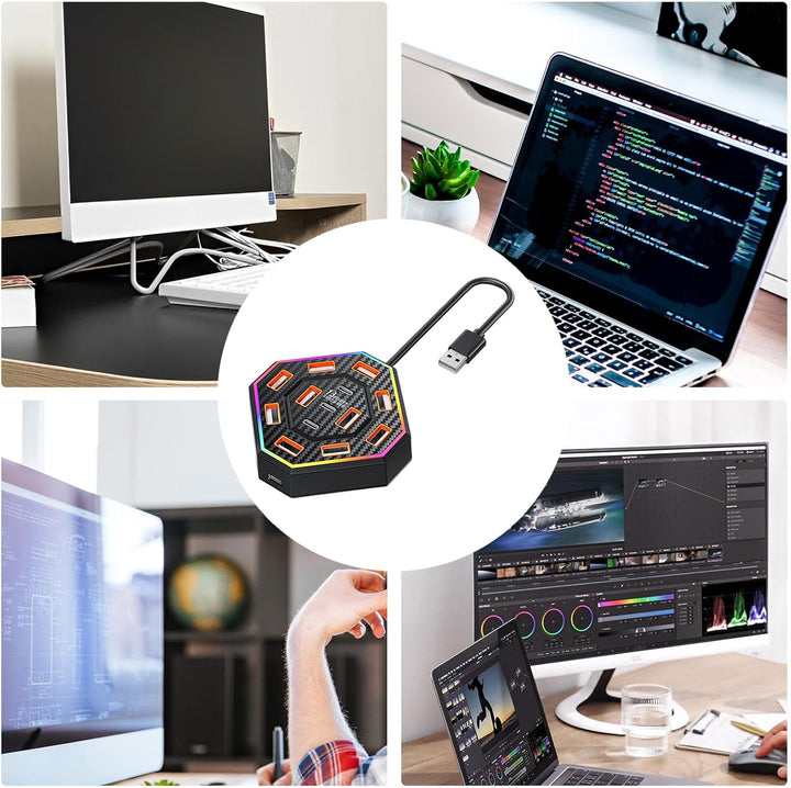 Elegante Lumora 13-in-1 USB-C Dockingstation mit RGB für aufgeräumten, effizienten Arbeitsplatz.
