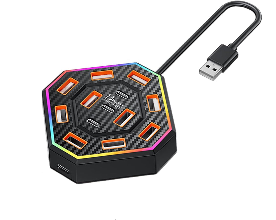 Leistungsstarker Lumora 13-in-1 USB-C Hub & Dockingstation mit RGB für optimale Laptop-Konnektivität.