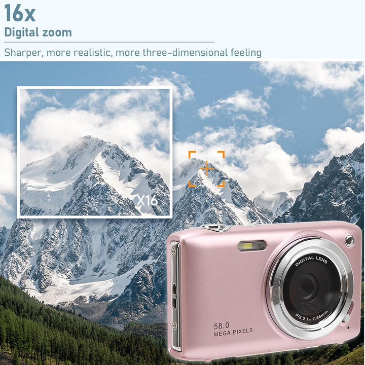Elegante schwarze Lumora 4K Kompaktkamera mit 58MP für Fotos & Videos.