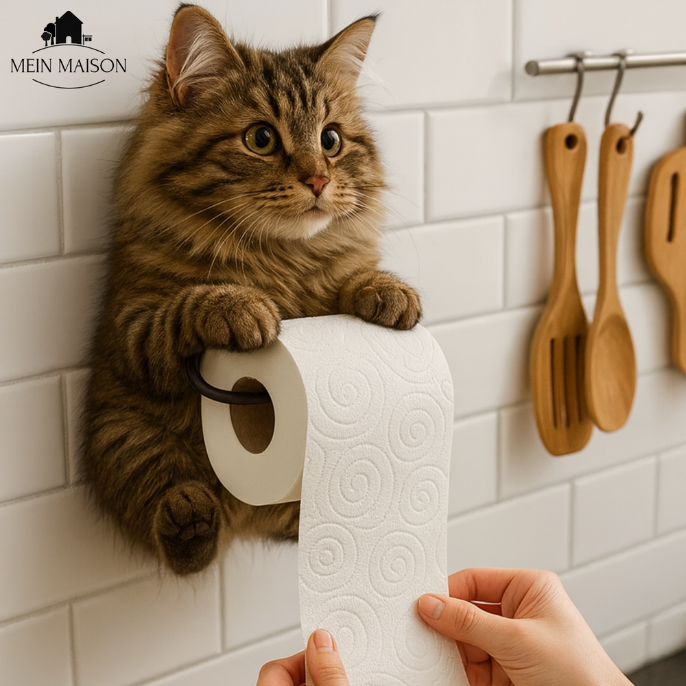 Wandhalterung: Charmante Katzenfigur hält Toilettenpapier – perfekte Deko für Gästewc & Bad.
