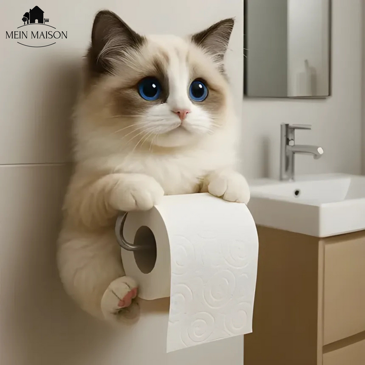 Handgefertigter Harz-Katzenhalter als charmante Wandhalterung für Toilettenpapier im Badezimmer.