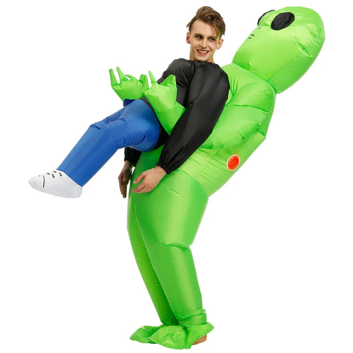 Unisex aufblasbares Alien Kostüm, leuchtend grün, mit großem Kopf, für humorvolle Verkleidung an jedem Fest.