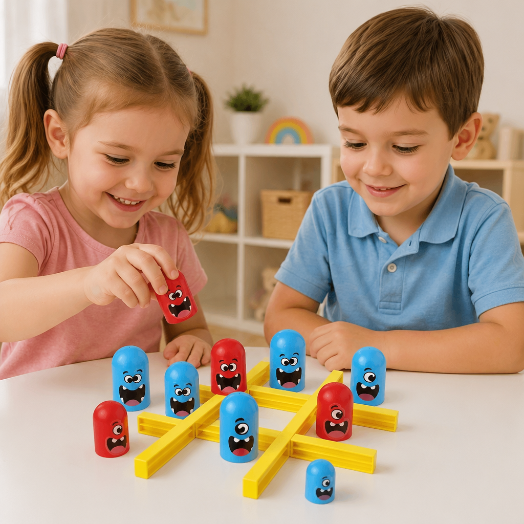 Lustiges Monster Tic-Tac-Toe Brettspiel für Kinder. Pädagogisches Zweispieler-Strategiespiel fördert Geschicklichkeit.