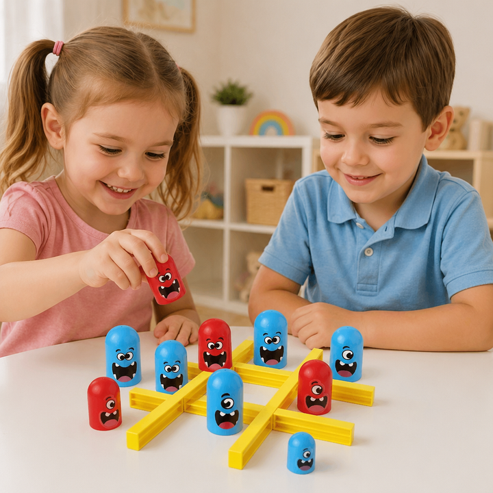 Lustiges Monster Tic-Tac-Toe Brettspiel für Kinder. Pädagogisches Zweispieler-Strategiespiel fördert Geschicklichkeit.