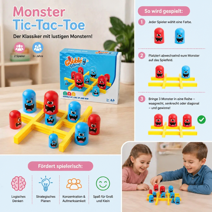 Nahaufnahme des Monster Tic-Tac-Toe Bretts mit farbigen Monster-Spielfiguren für strategischen Spielspaß.