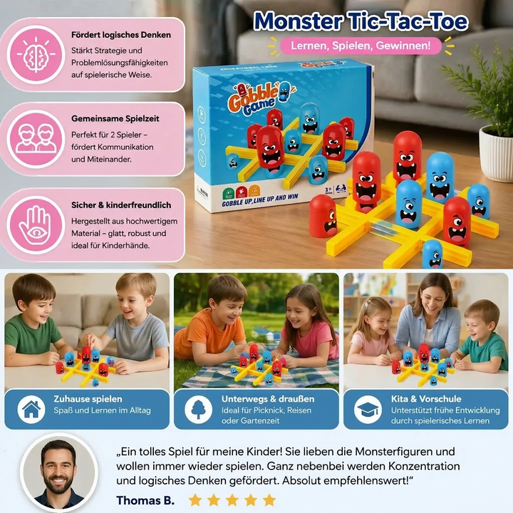Kinder spielen vergnügt das Monster Tic-Tac-Toe Strategiespiel. Ideales Lernspiel für Geschicklichkeit & Familienunterhaltung.