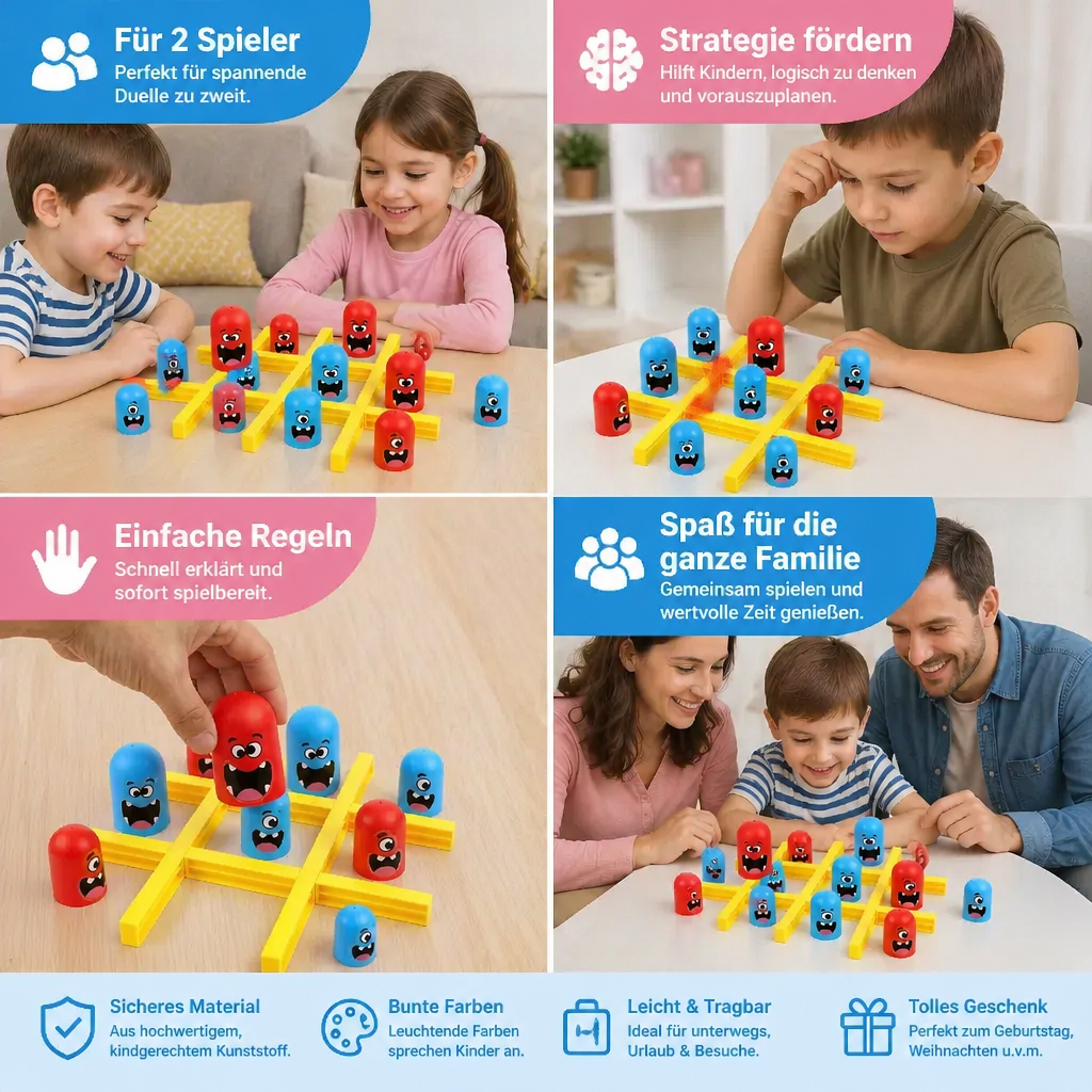 Verpackung des Monster Tic-Tac-Toe Brettspiels, ein pädagogisches Familienspiel und lustiges Strategiespiel für Kinder.
