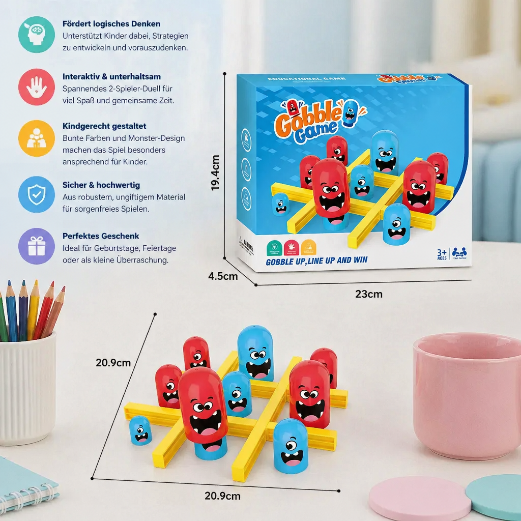 Zwei Kinder spielen Monster Tic-Tac-Toe, ein spannendes Zweispieler-Brettspiel zur Förderung logischen Denkens.