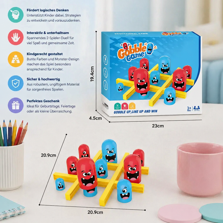 Zwei Kinder spielen Monster Tic-Tac-Toe, ein spannendes Zweispieler-Brettspiel zur Förderung logischen Denkens.