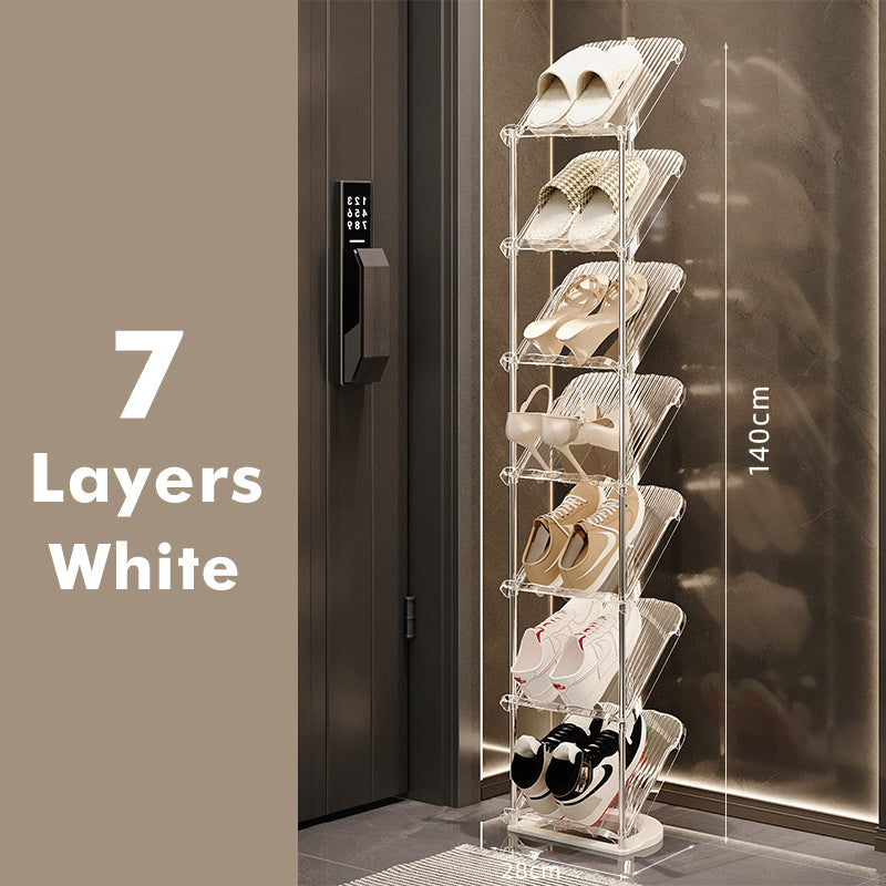 Seitenansicht des luxuriösen transparenten Schuhregals, Betonung des platzsparenden Designs.