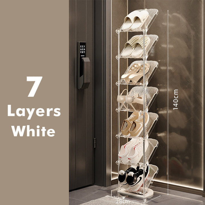 Seitenansicht des luxuriösen transparenten Schuhregals, Betonung des platzsparenden Designs.