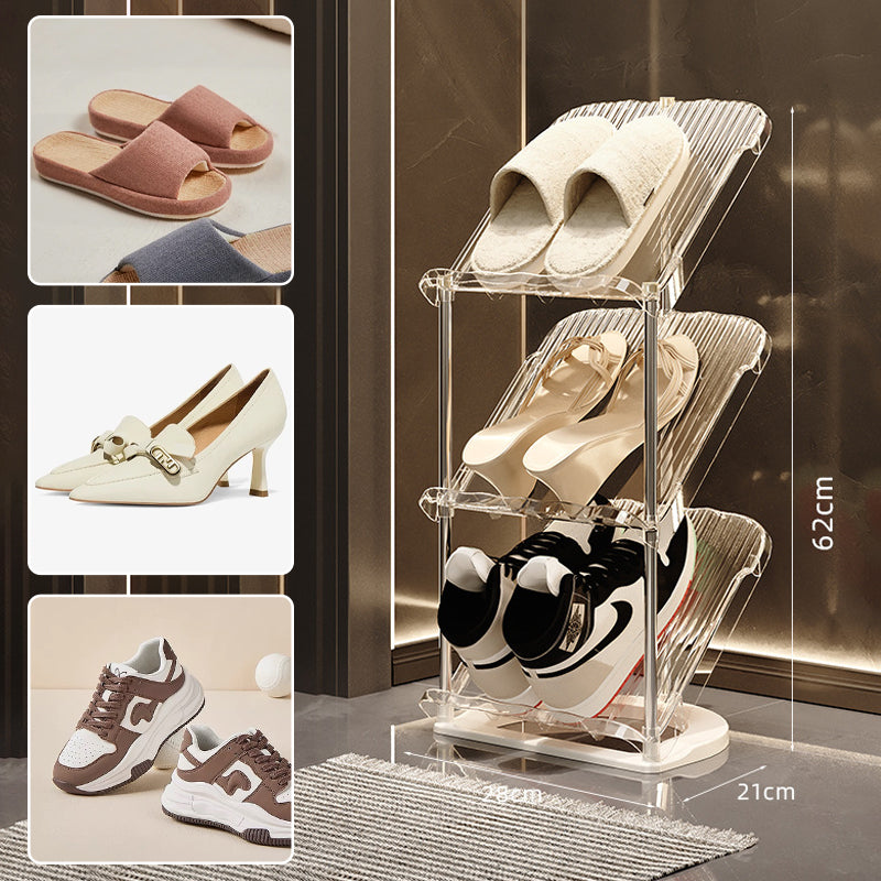 Nahaufnahme des transparenten, robusten Materials des mehrschichtigen Schuhregals.