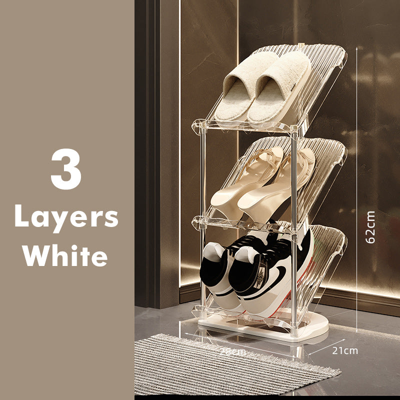 Transparentes Schuhregal im Flur, schafft Ordnung & Stauraum, wirkt einladend & modern.