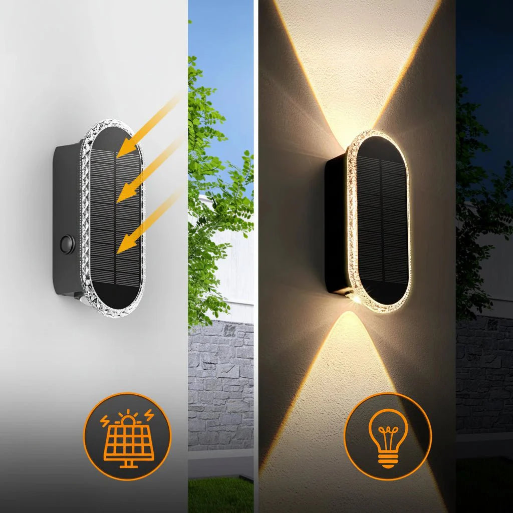 Einfach installierbare LUXSOLIS Solar-Gartenleuchte für Zäune, Balkone & Terrassen, stimmungsvolles LED-Licht.