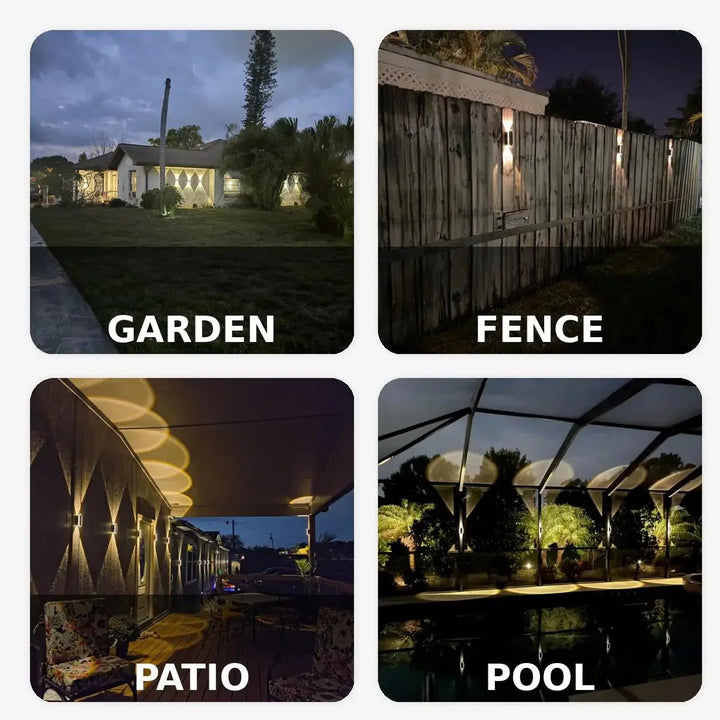 Elegante LUXSOLIS Solar-Zaunleuchten mit Auto-Licht-Sensor, IP65 wetterfest für moderne Gartenbeleuchtung.